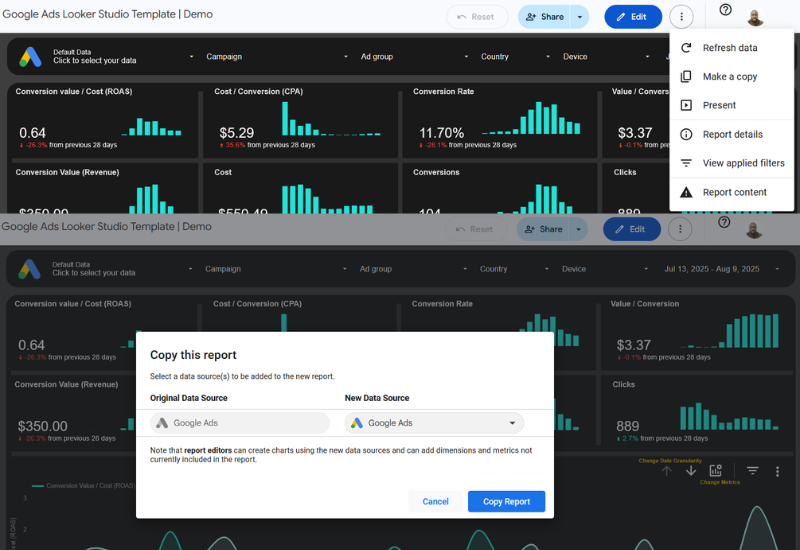 Make a Copy of Google Ads Template for Looker Studio
