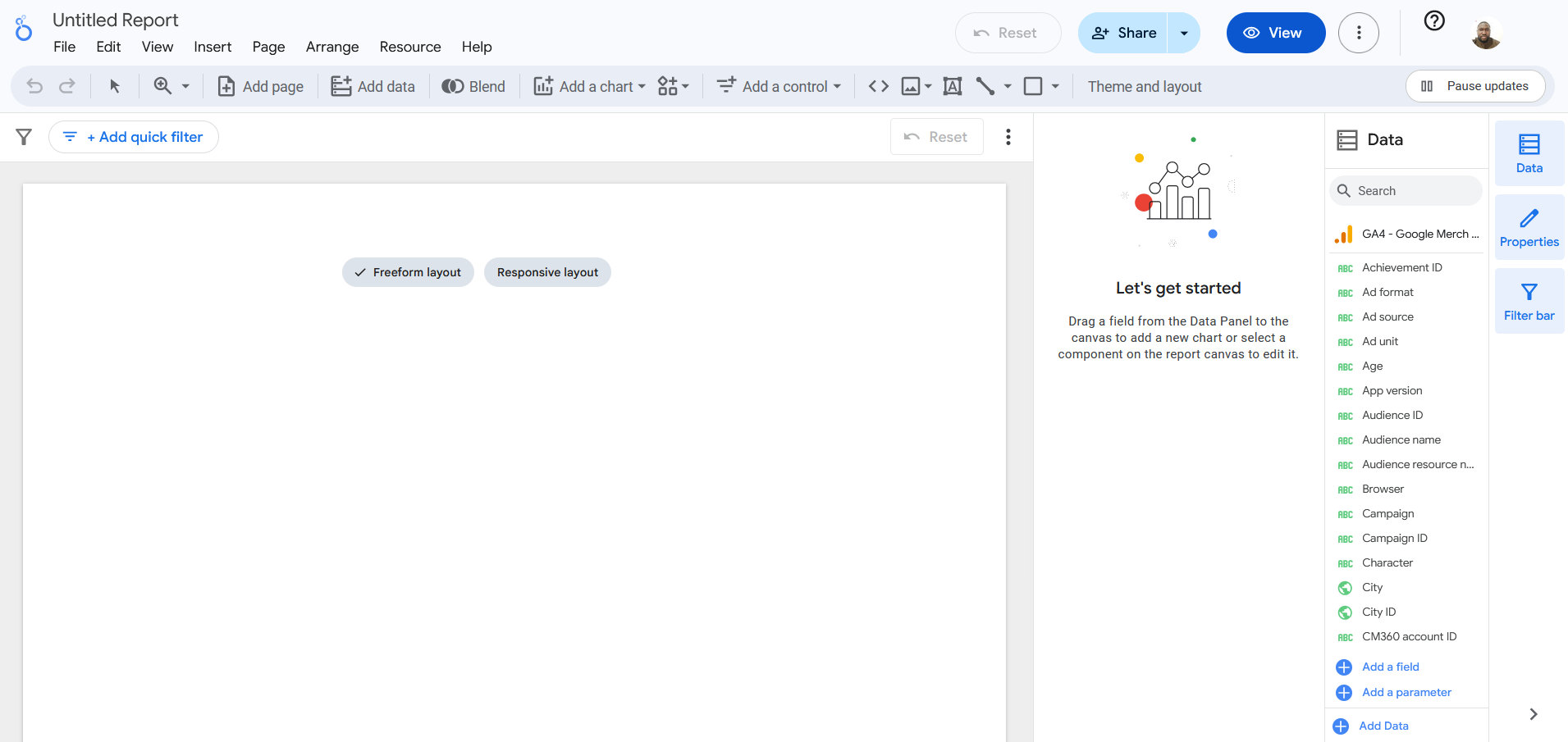 looker studio blank canvas to start building your ga4 report