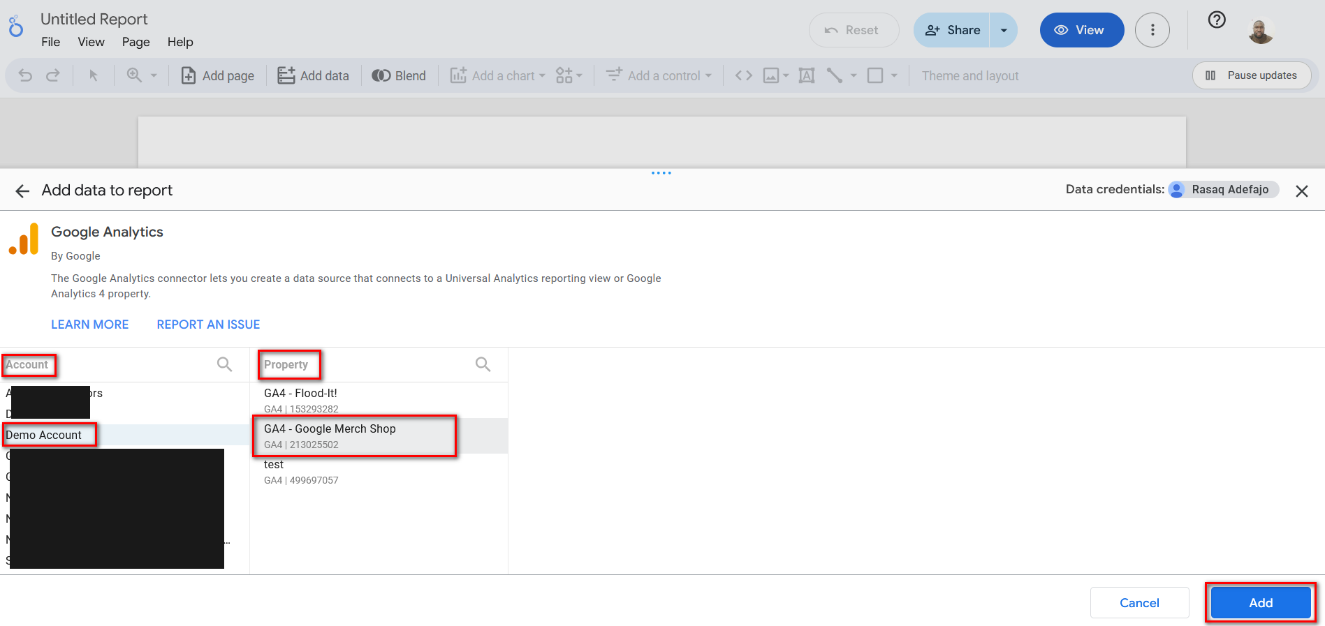 select ga4 account and property to add to looker studio