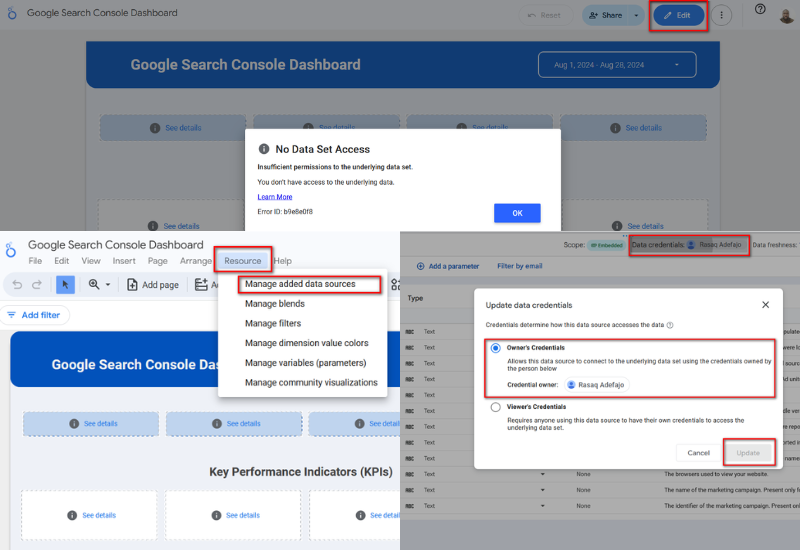 fix for no data set access, insufficient permissions to the underlying data set