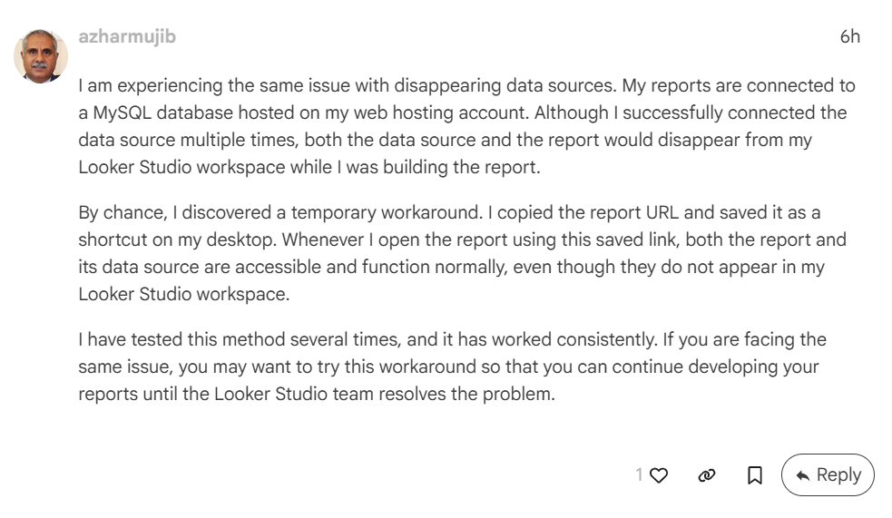Forum member workaround that is working for the issue of data studio report disappearing