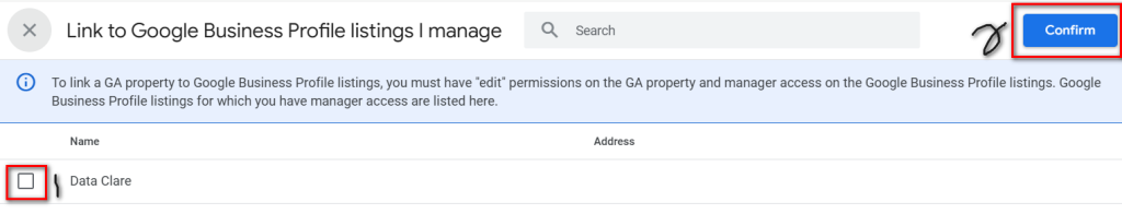 confirm the business profile you want to integrate with ga4