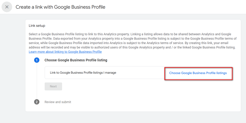 select the google business profile you want to link